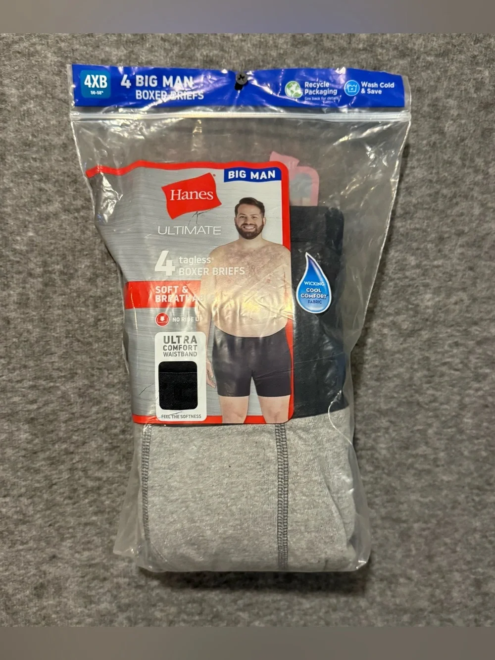 Hanes 4 Pack Tagless Boxer Briefs Mens 4XB Big Man 56-58 gray black Wicking Soft